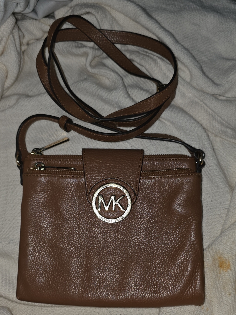 Michael Kors Brown Pebbled Leather Crossbody with Gold MK Accent